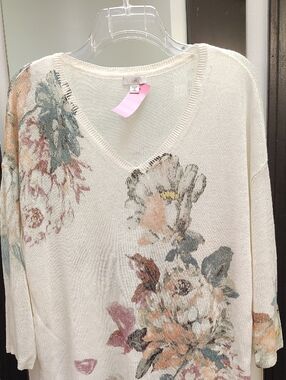 J. Jill Cream V-Neck Floral Knit Sweater with Muted Pastels